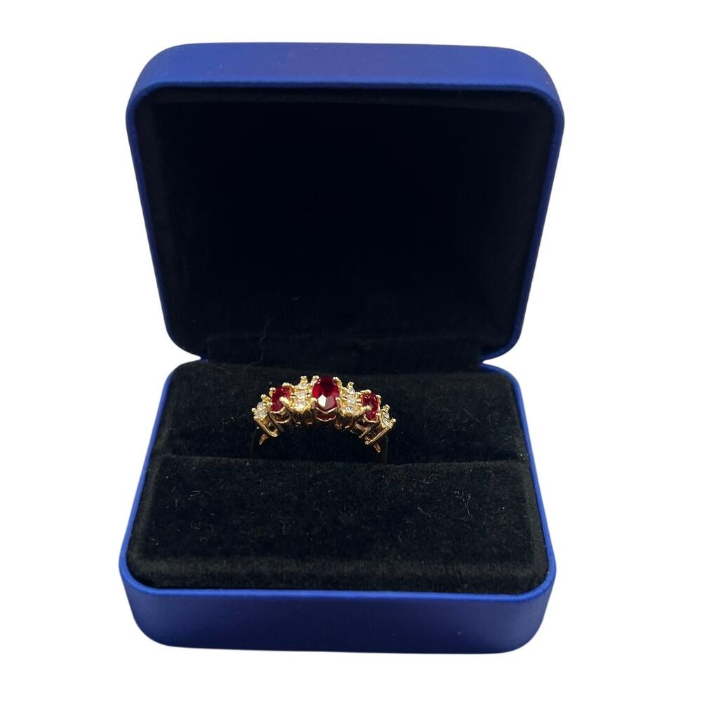 Vintage 3 Marquise Ruby & Cubic Zirconia Accents 18 KT Gold Electroplated Ring 7